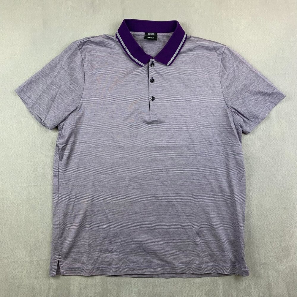 Hugo Boss Mens Shirt 2XL (Fits XL) Purple Striped Polo Regular Fit Cotton Luxury